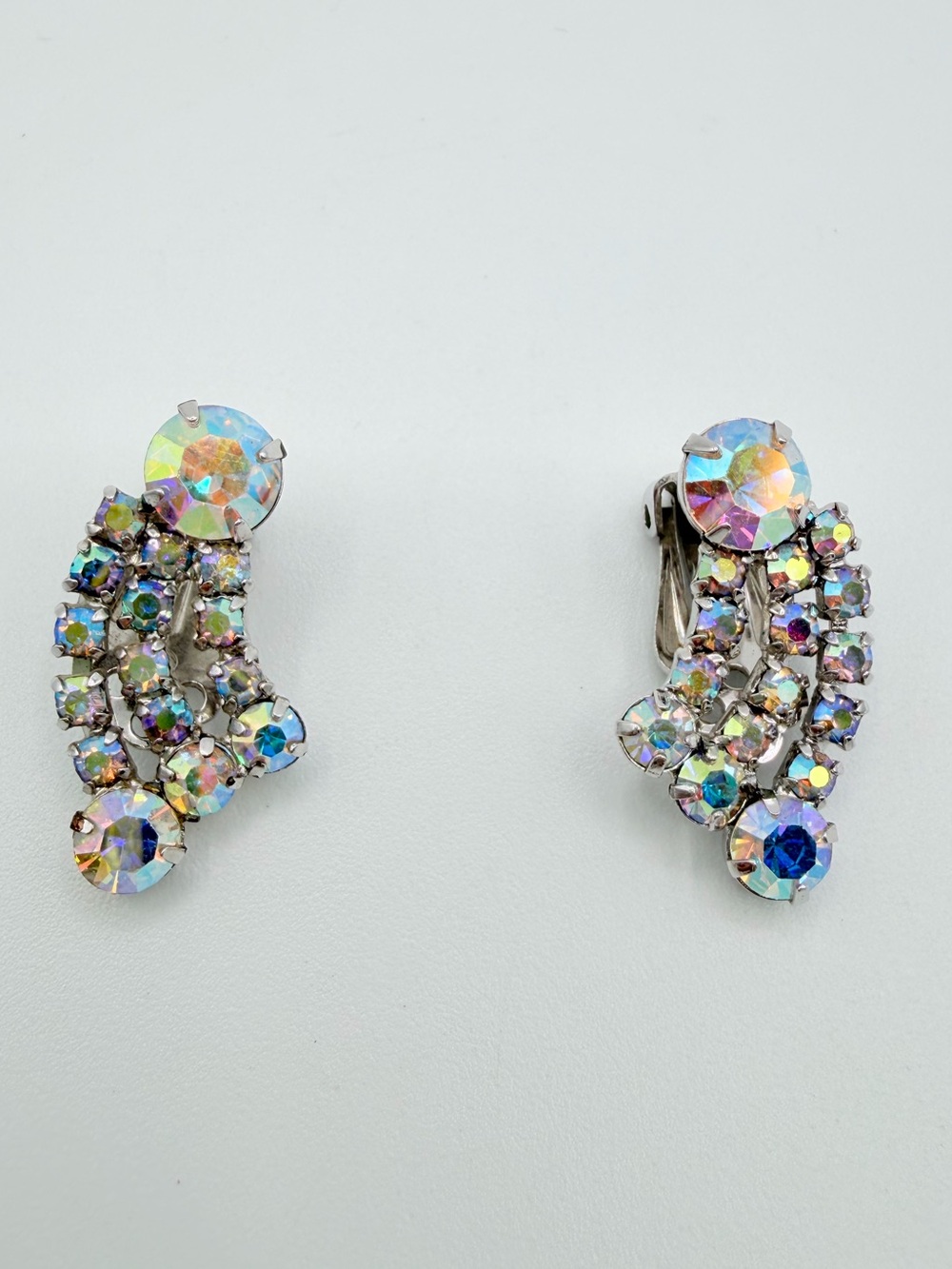 Vintage Aurora Borealis Rhinestone Silver Tone Statement Clip On Earrings